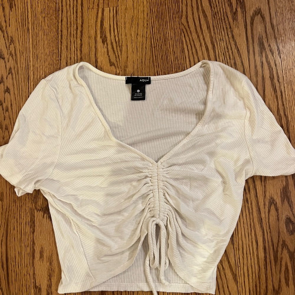 Aqua Cream Ruched V-Neck Drawstring Crop Top